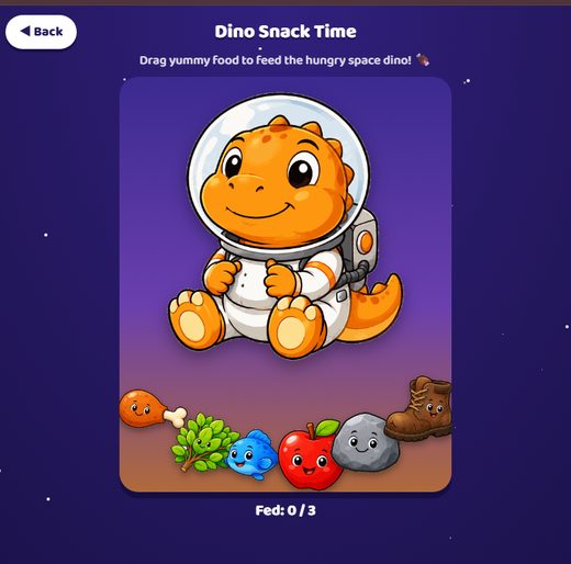 Snack Time: dragging food to feed the astronaut dino